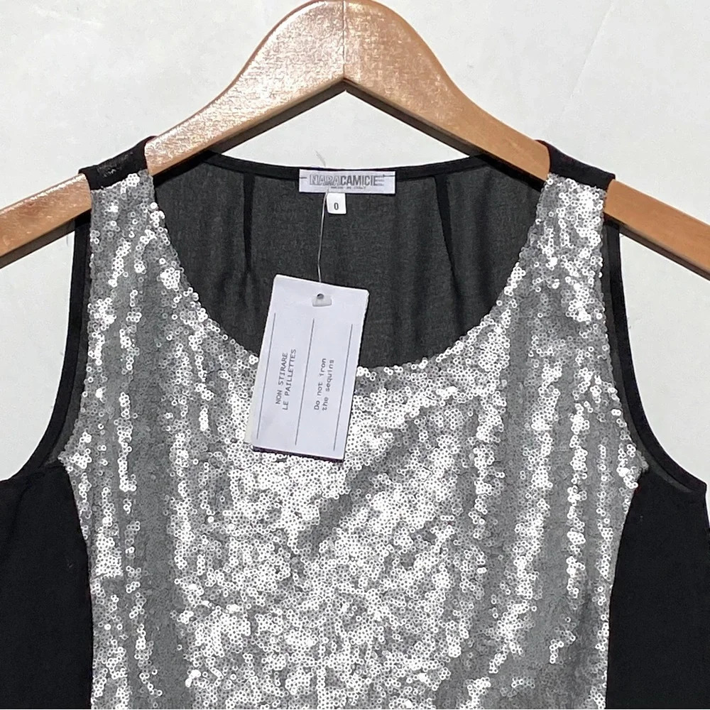 NWT NARA CAMICIE Women’s Silver Sequin Black Chiffon Sheer Layering Tank size 0 - Picture 2 of 3